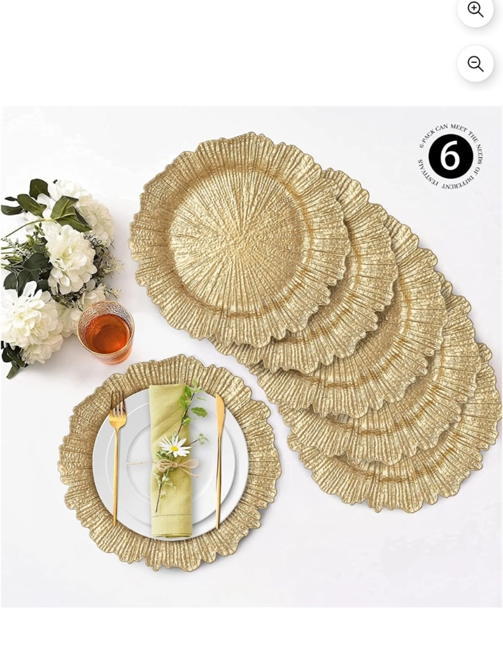 6 Gold Round Charger Plate Decor Pieces - Pack of 6